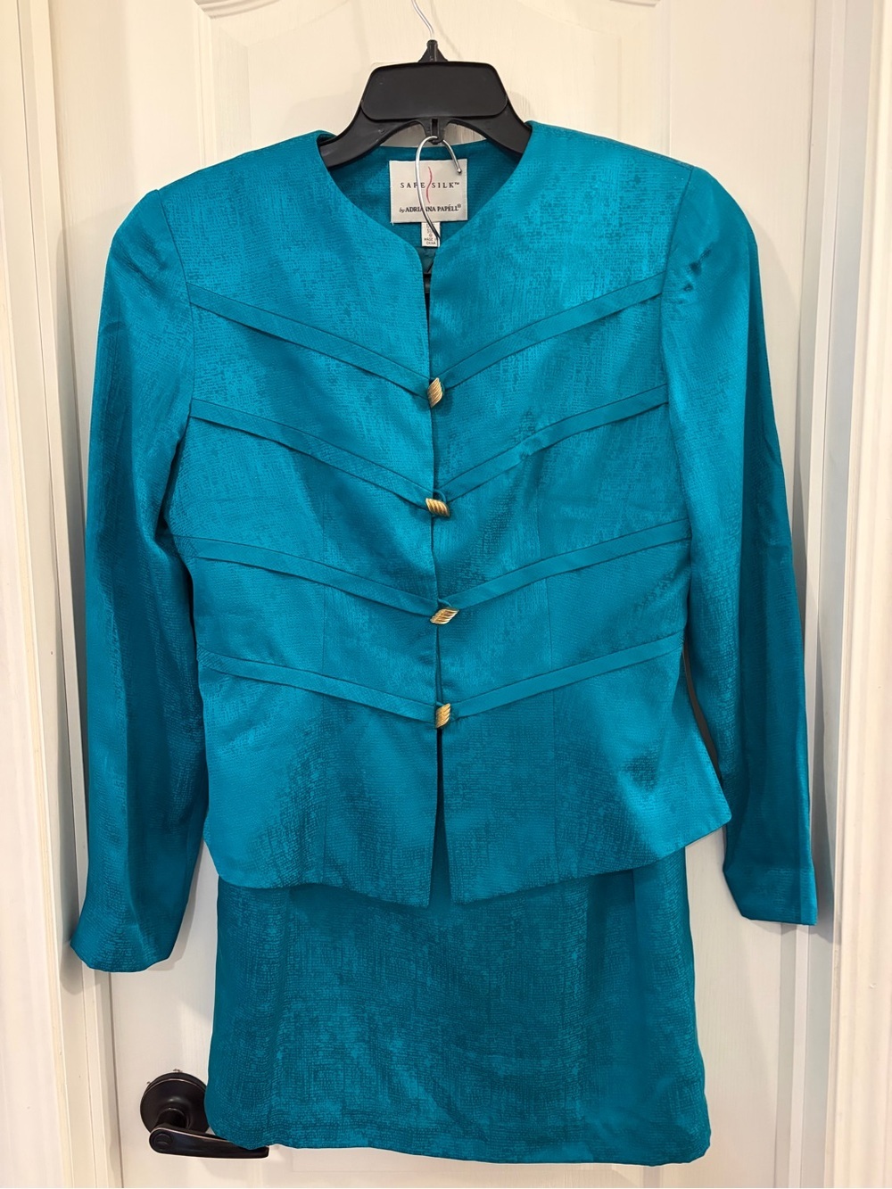 Adrianna Papell Safe Silk Teal Silk Textured Jacket and Skirt Set NWOT 100% SILK